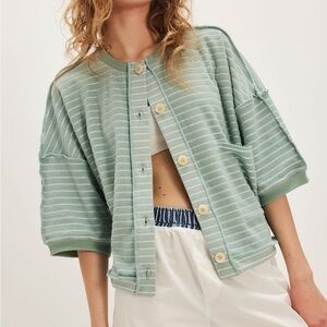 Free People Sage Striped Short-Sleeve Knit Cardigan